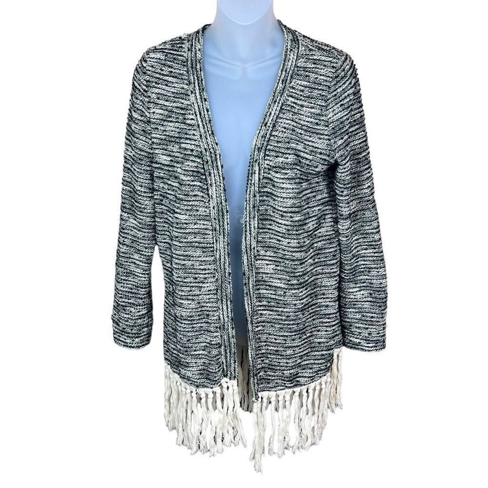 Addie Cardigan Fringe Hem Black Grey Cream Knit Open Front Boho Size Medium